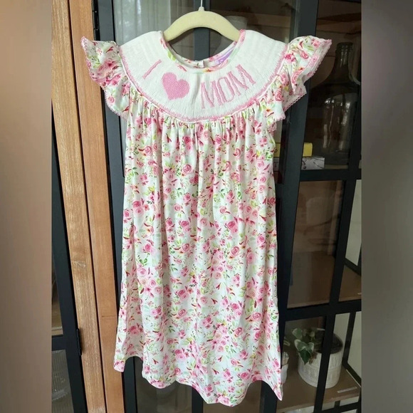 Mom Smocked Dress Toddler Girl embroidered floral Mother’s Day bishop roses - Picture 1 of 7